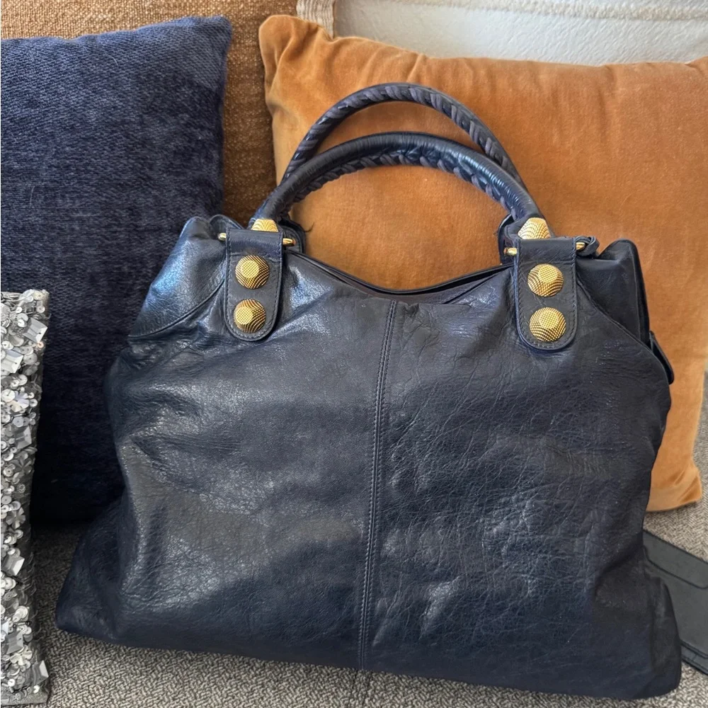 Vintage Balenciaga Marine Blue Leather Giant 21 Gold Brief Bag